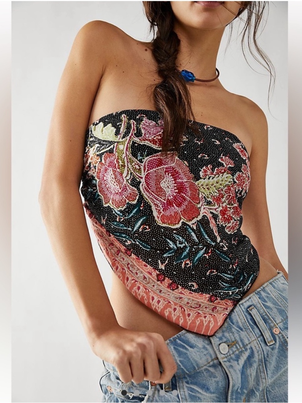 Free People Black Floral Bandana Crop Top with Pink & Green Accents